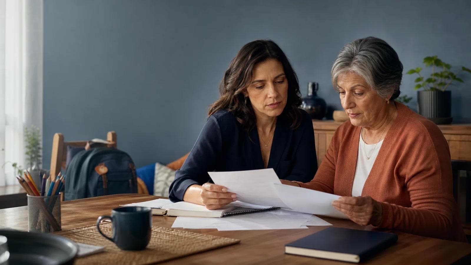 Madre y abuela revisan documentos sobre pensión de alimentos en Chile.